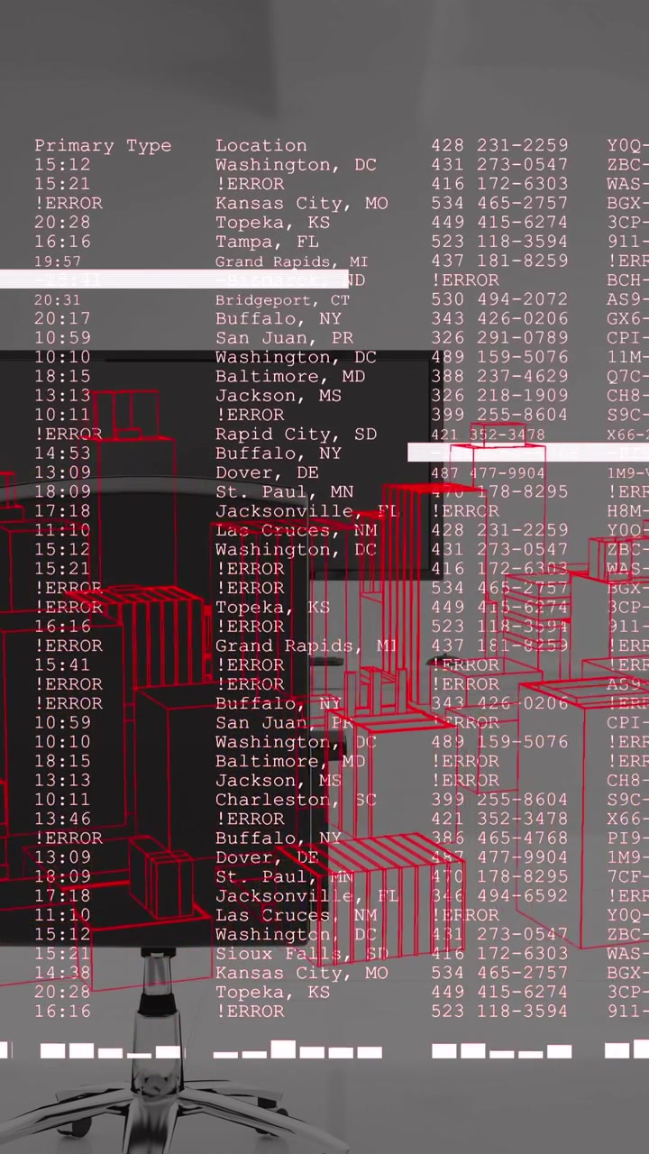 Animation von Datenverarbeitung und einem sich drehenden 3D-Stadtmodell vor einem Bürotisch.