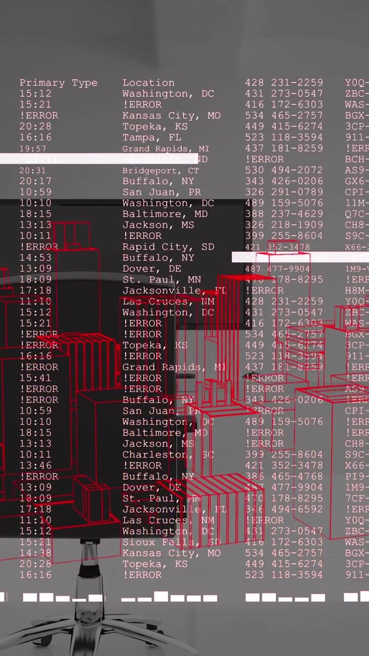 Animation of data processing and 3d spinning city model against office desk