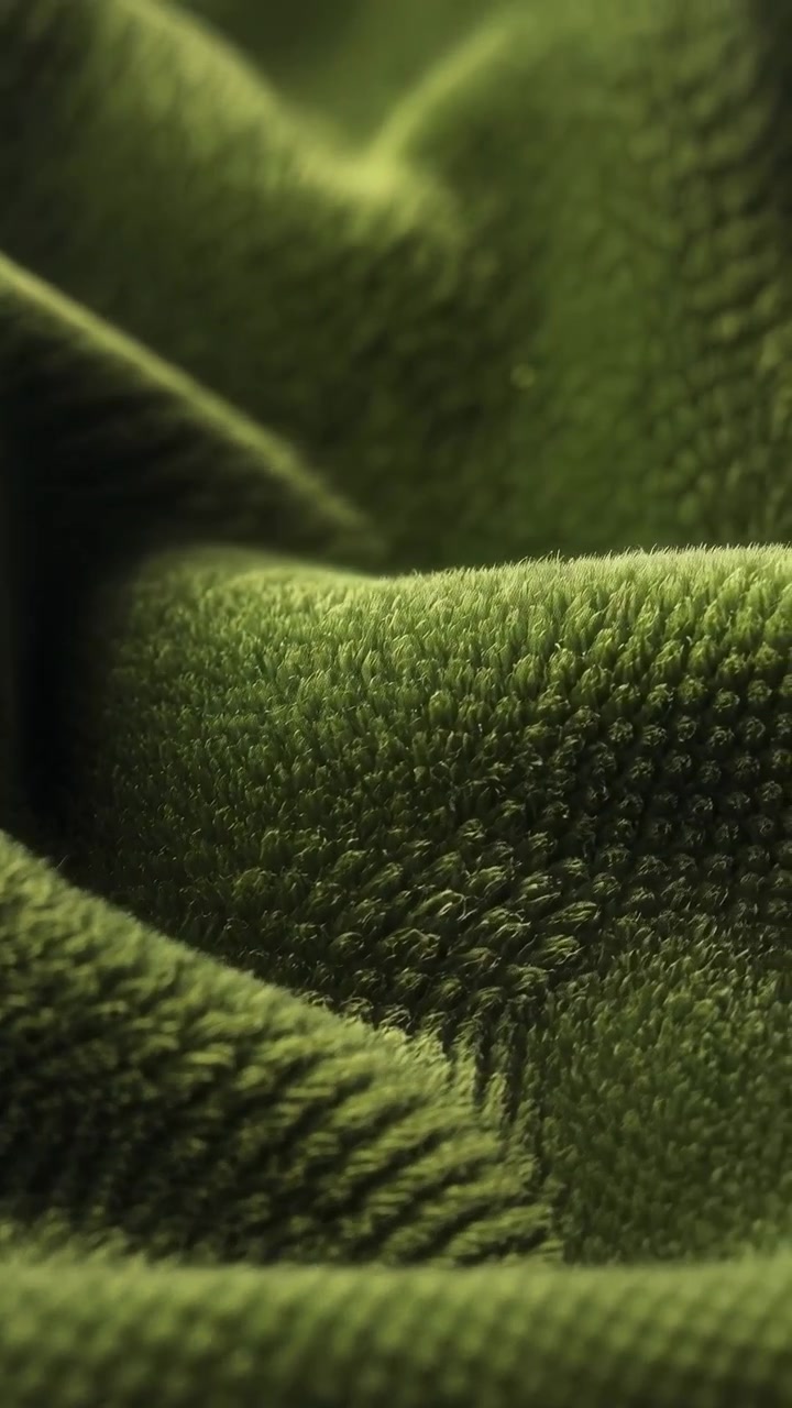 Mouvement macro rapproché d'un tissu à poils verts dense vu d'un angle bas, montrant un changement subtil de profondeur alors que le premier plan s'adoucit, la crête du plan moyen s'accentue et la texture riche brille sous la lumière du studio