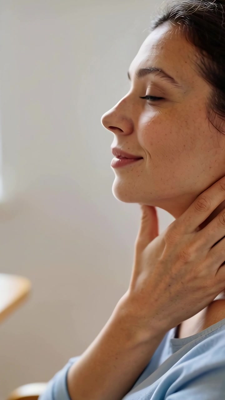 Video verticale: Donna in top azzurro che si massaggia il collo in una stanza, sentendo la luce del sole dalla finestra, in relax.