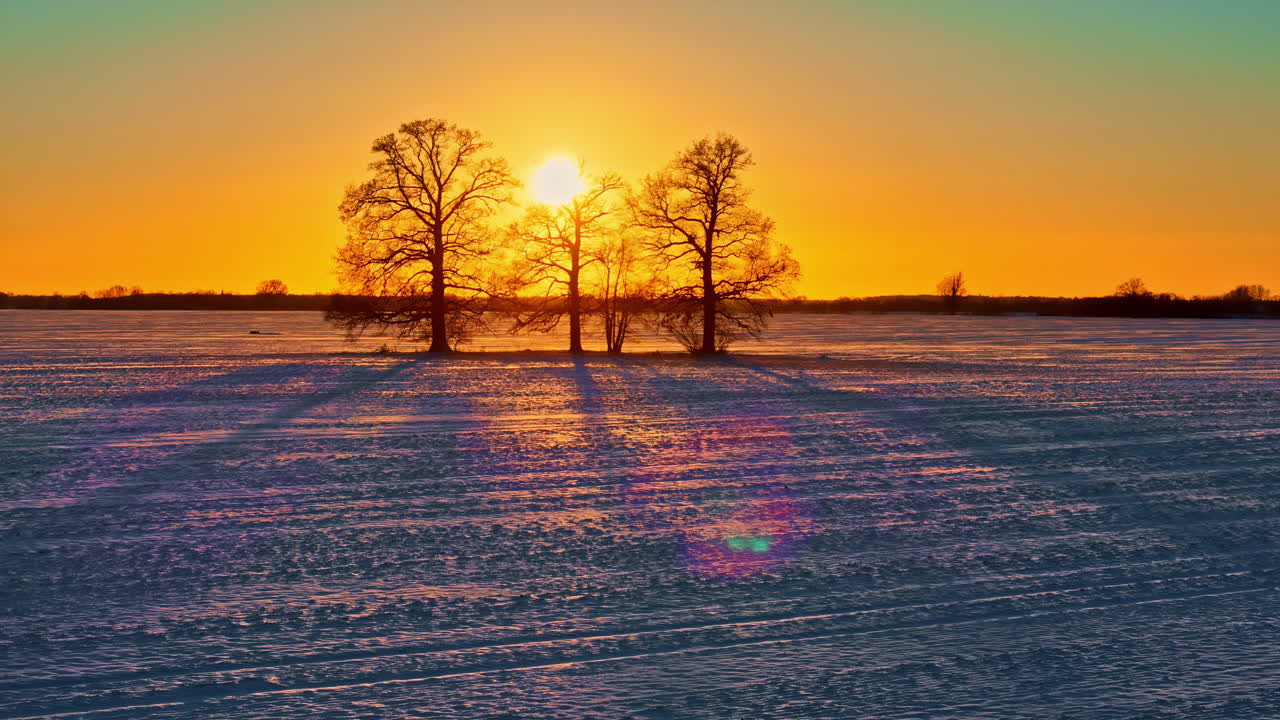 눈 인  위에 해가 지고 나무의 실루과 얼음 표면에 반사되는 황금빛