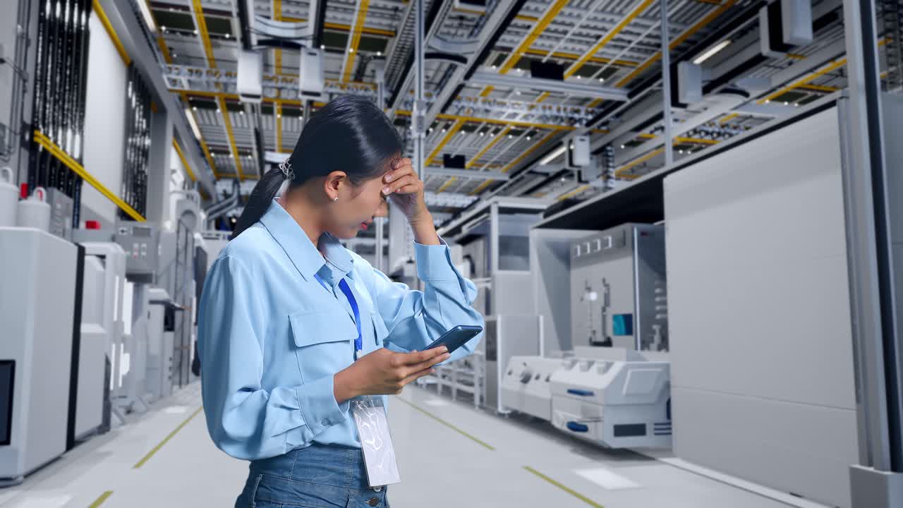 mujer estresada en una sala de servidores