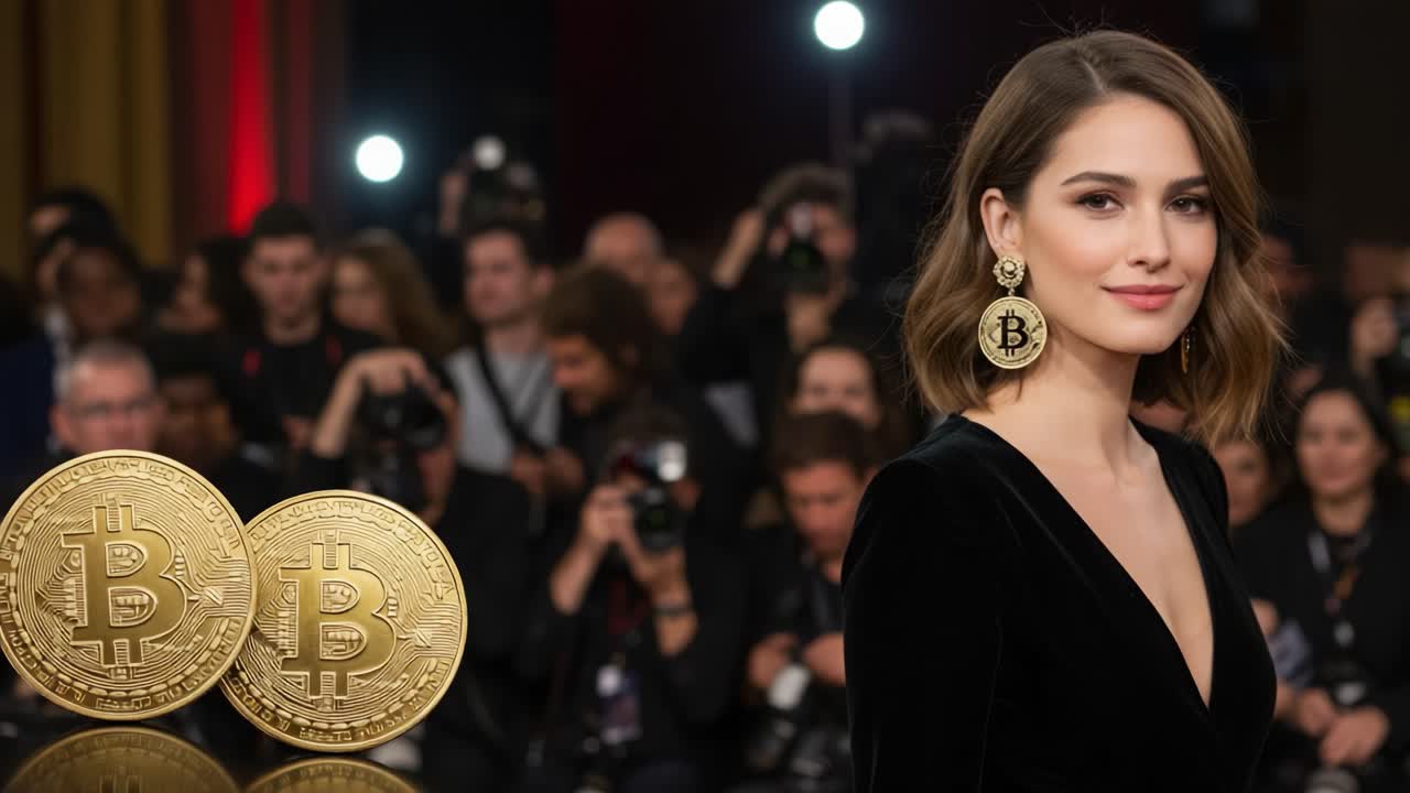 Glamorous Event Showcasing Cryptocurrency Culture: A Chic Individual Blends Fashion and Finance Amidst a Crowd of Enthusiastic Photographers and Golden Bitcoin Coins