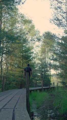 man hiking on a wooden path through a forest