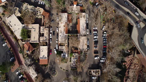 Top-Down-Aerial-View,-Tlaquepaque-Arts-Shopping-Village-in-Sedona,-Arizona-USA