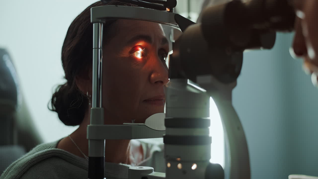 una donna che ha gli occhi esaminati da un dottore.