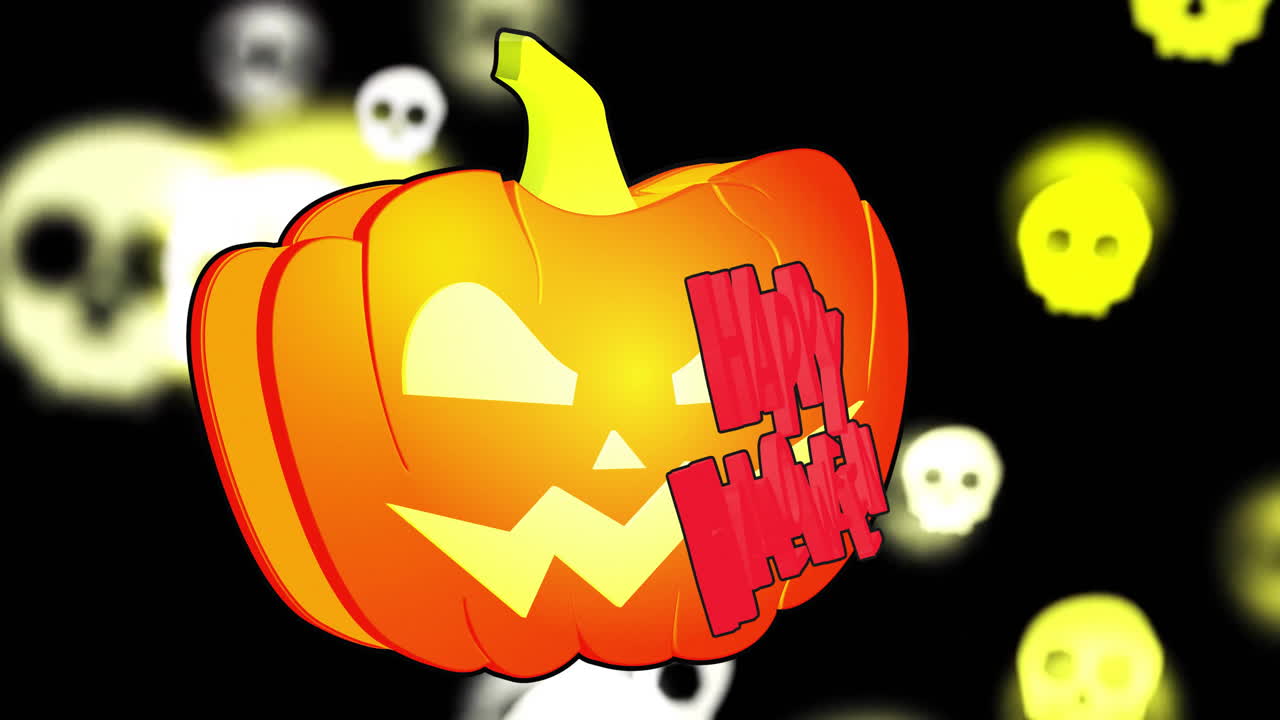떠다니는 두개골 위에 행복한 할로윈 텍스트 애니메이션으로 반이는 호박