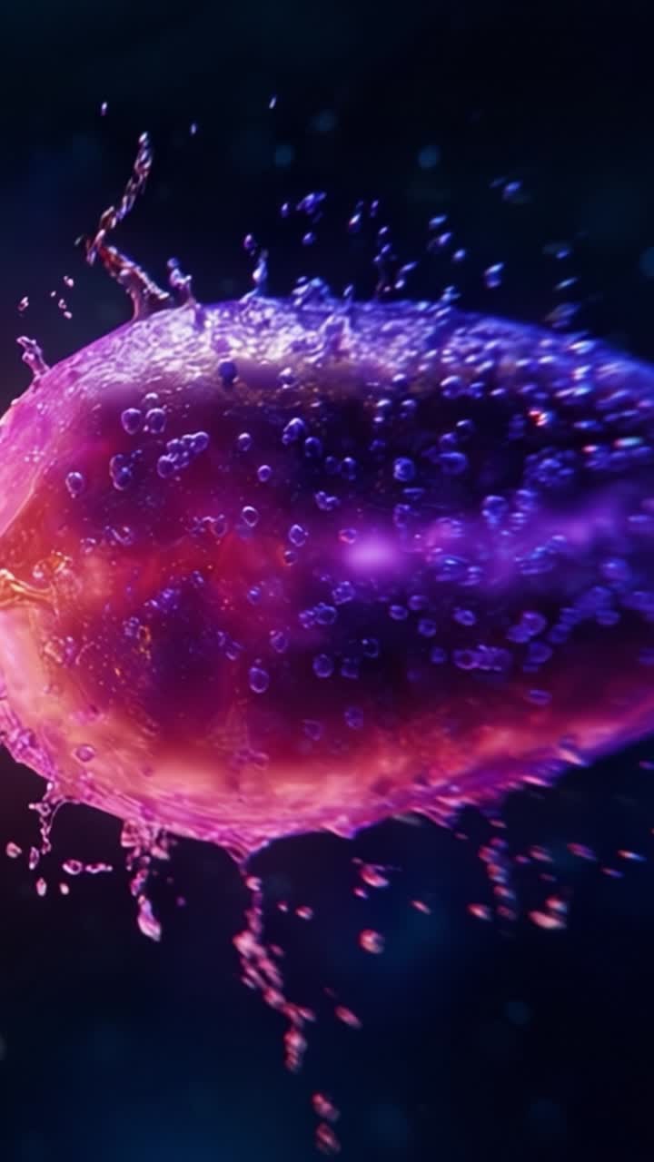Primo piano accattivante di una sfera d'acqua vibrante con schizzi dinamici, che mostra colori vividi e movimento fluido in un ambiente con sfondo scuro.