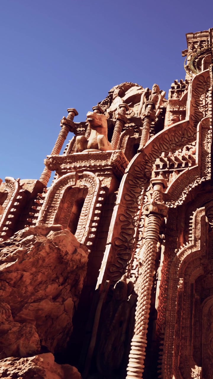 Antica struttura con disegni intricati che si erge alta contro un cielo sereno.