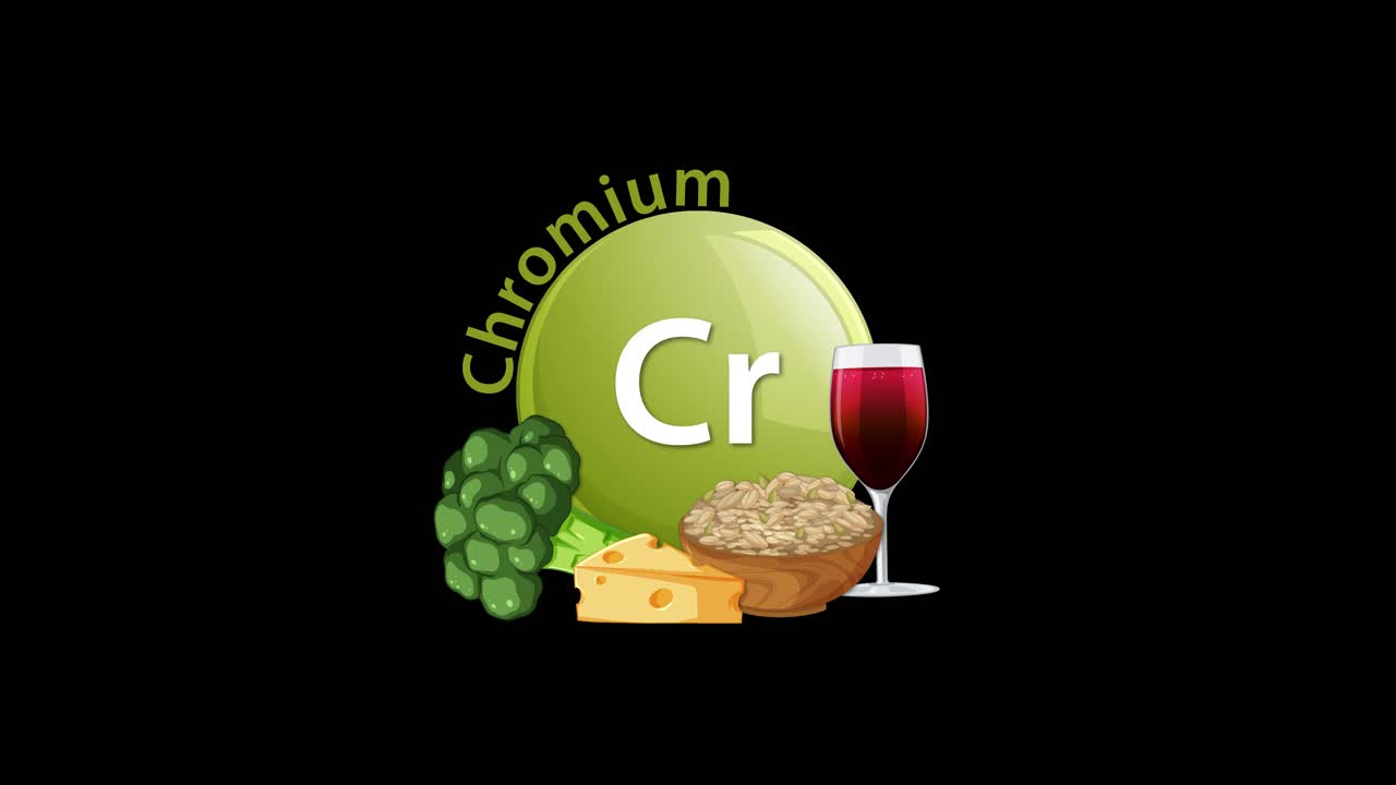 A green chromium element icon animates in, joined by broccoli, cheese, grains, and a glass of red wine, with smooth transitions on a black background