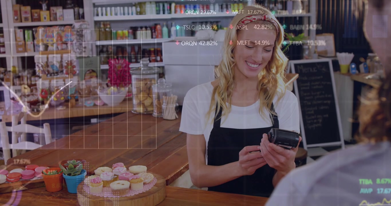 Animation of trading board over caucasian female owner taking payment through credit card reader
