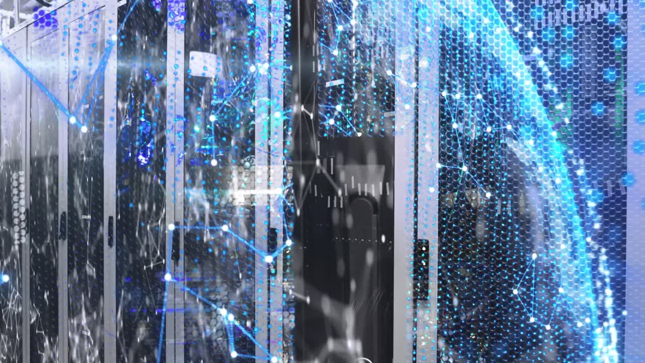 Animation of shapes moving and globe over server room