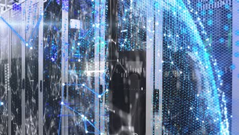 animation of shapes moving and globe over server room