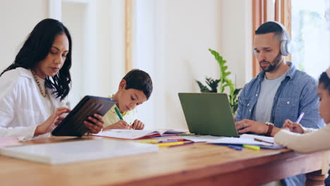 la madre, los hijos y el padre trabajan desde casa