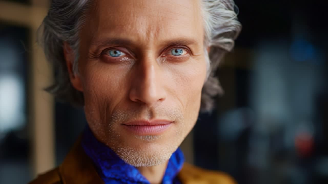 Um impressionante retrato em close-up apresentando um homem distinto com cativantes olhos azuis e cabelos grisalhos estilizados, exalando confiança e carisma contra um plano de fundo borrado