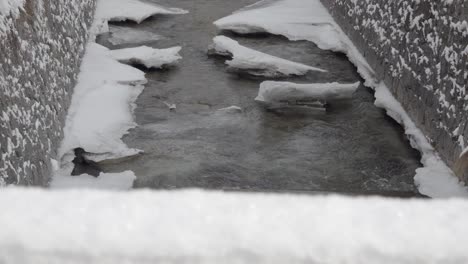 a stream in a canal in winter with ice decorating the edges