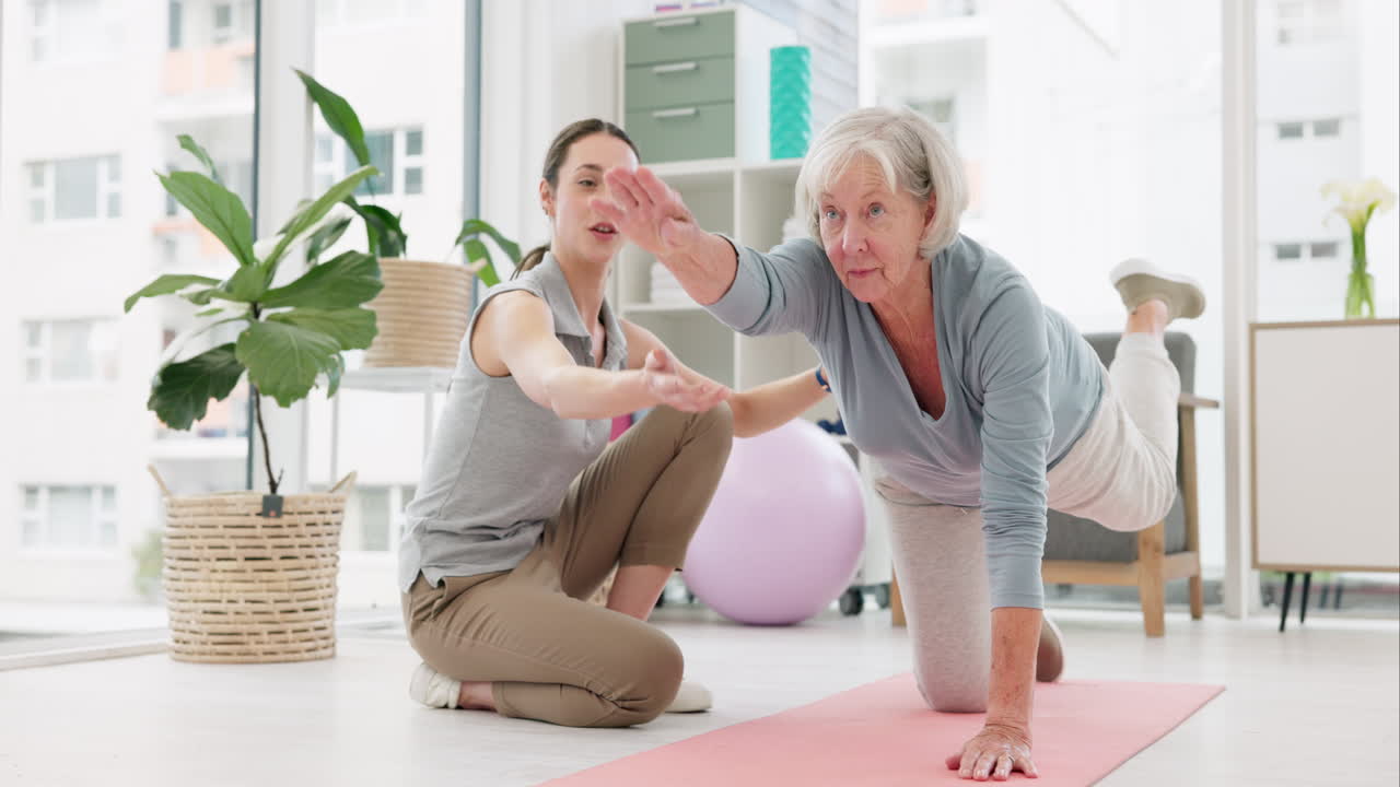 Physiotherapy, trainer and yoga for senior woman