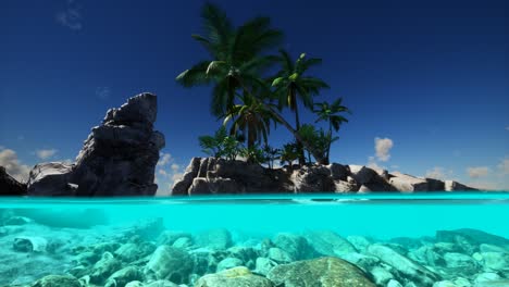 vista dividida de la sección transversal de agua de mar y palmeras en la isla