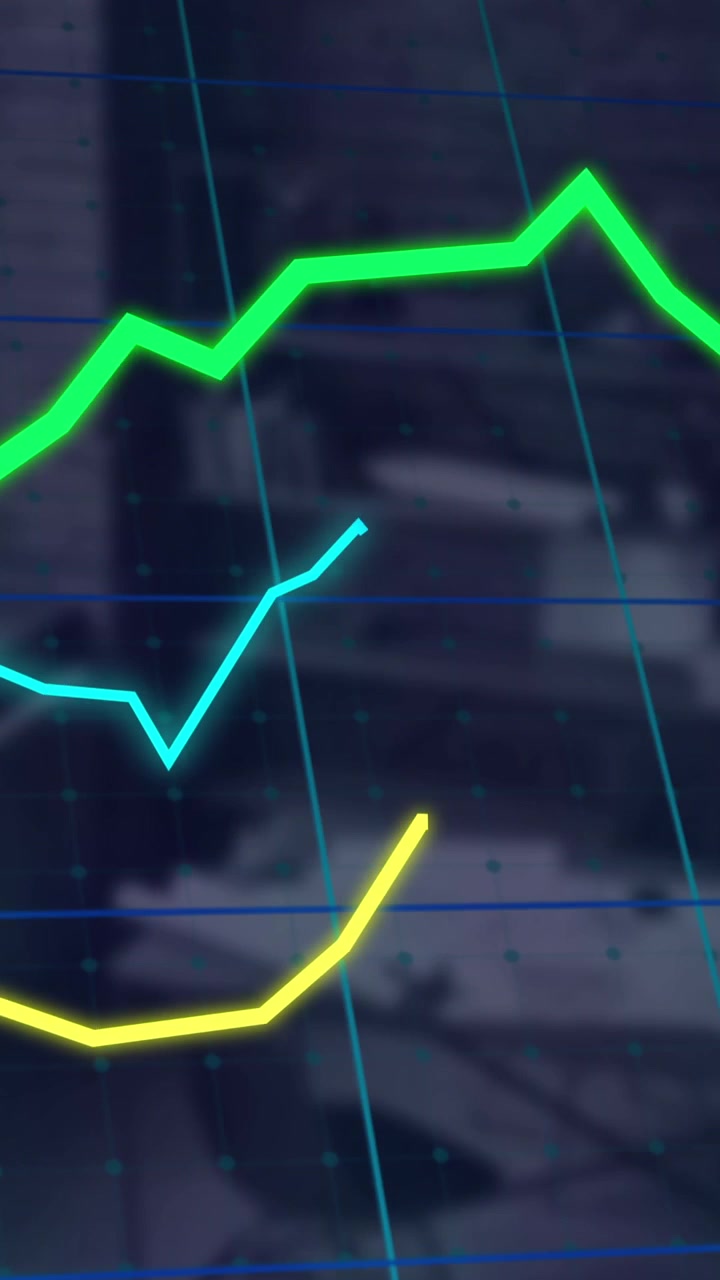 Animazione di grafici su uno sfondo a griglia, sovrapposta a una vista dall'alto di un ufficio vuoto.