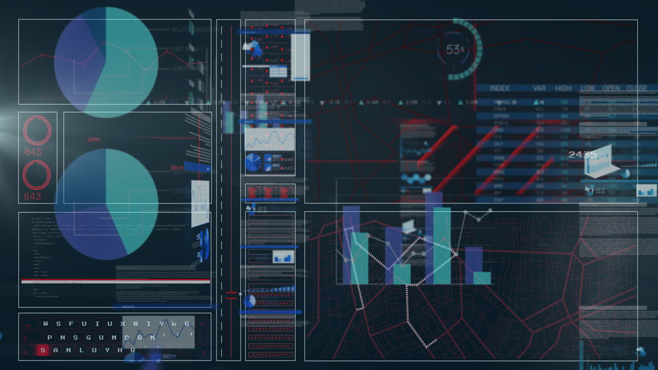 Displaying animation of data analytics and graphs on futuristic digital dashboard