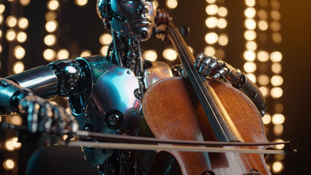 Sahne Işıklarıyla Aydınlatılmış, Gelişmiş Robotik ve Müzikal Ustalığı Çarpıcı Bir Görsel Sunumla Sergileyen Büyüleyici Bir Robot Çello Performansı