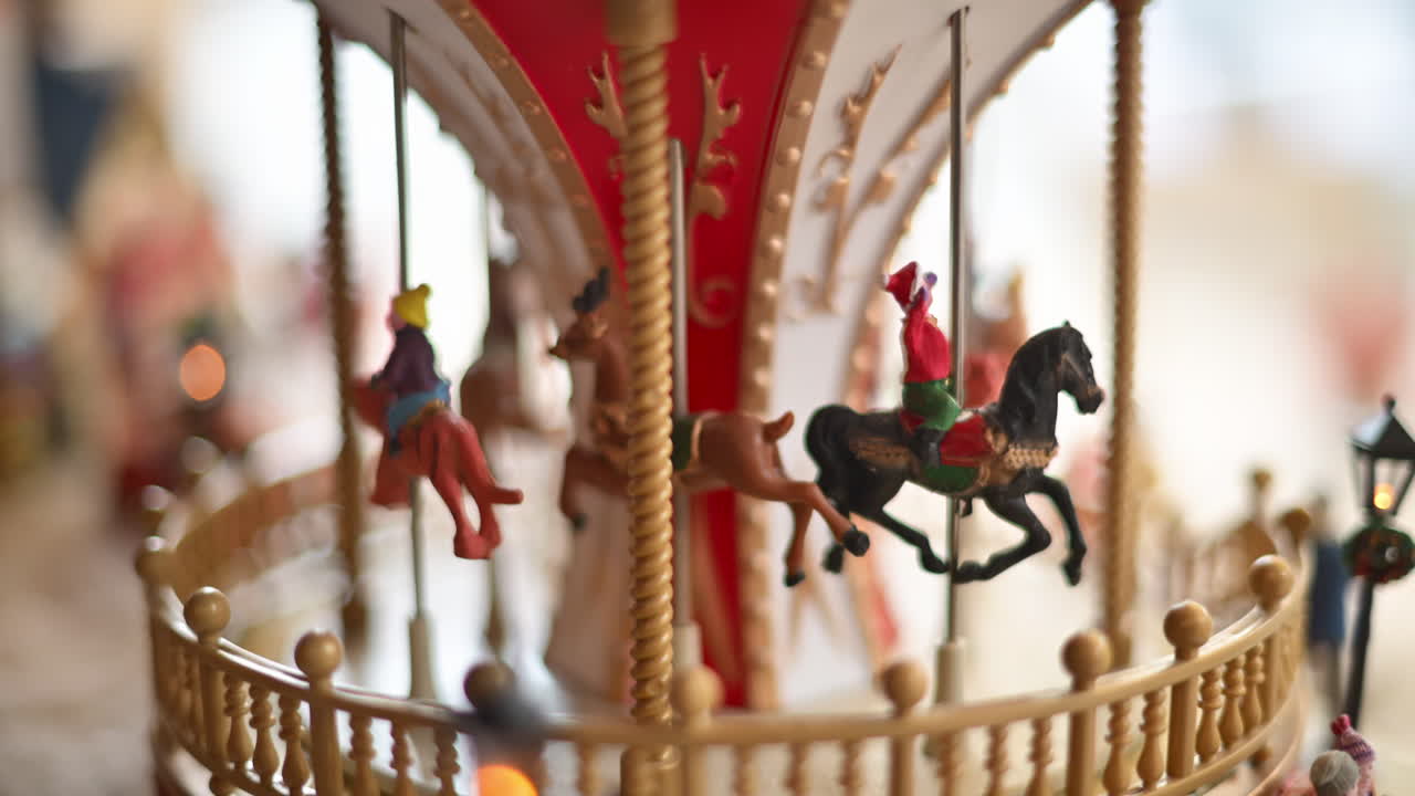 Close up of a miniature vintage carousel with decorative horses and ornate details
