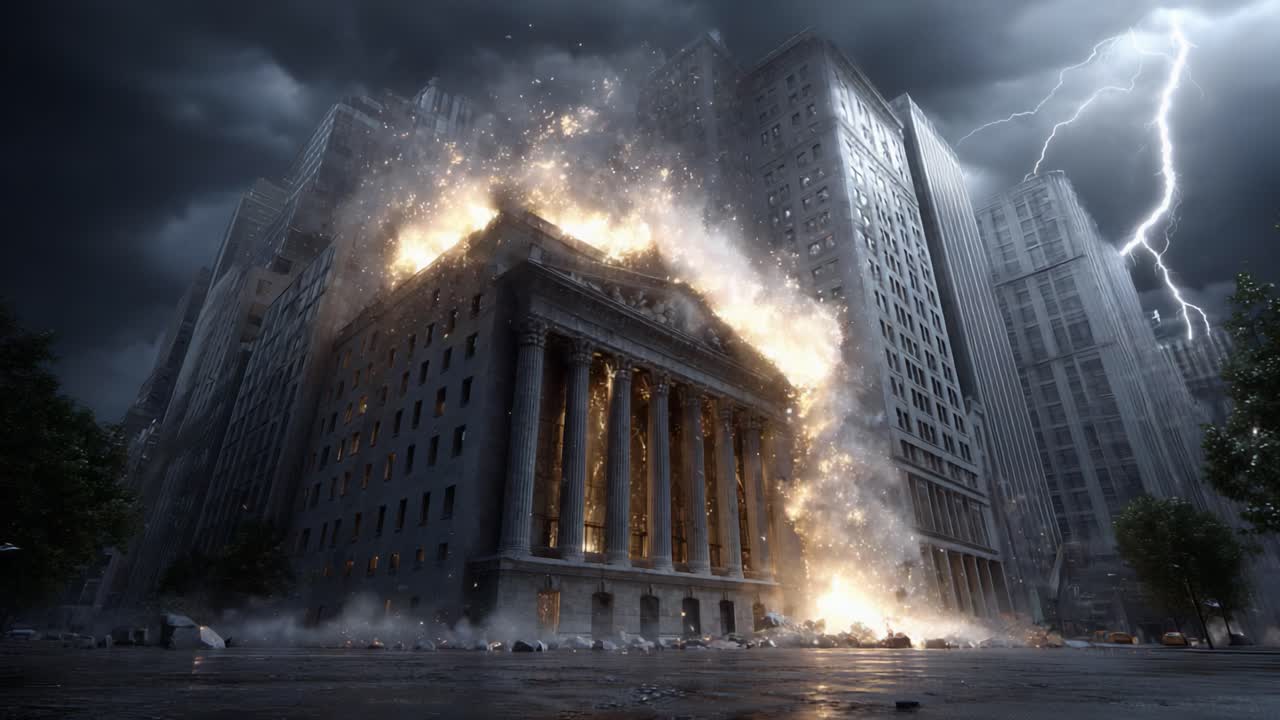 A Dramatic Storm Unleashes Chaos in an Urban Landscape as a Building Erupts with Flames, Illuminated by Lightning Against a Darkened Sky