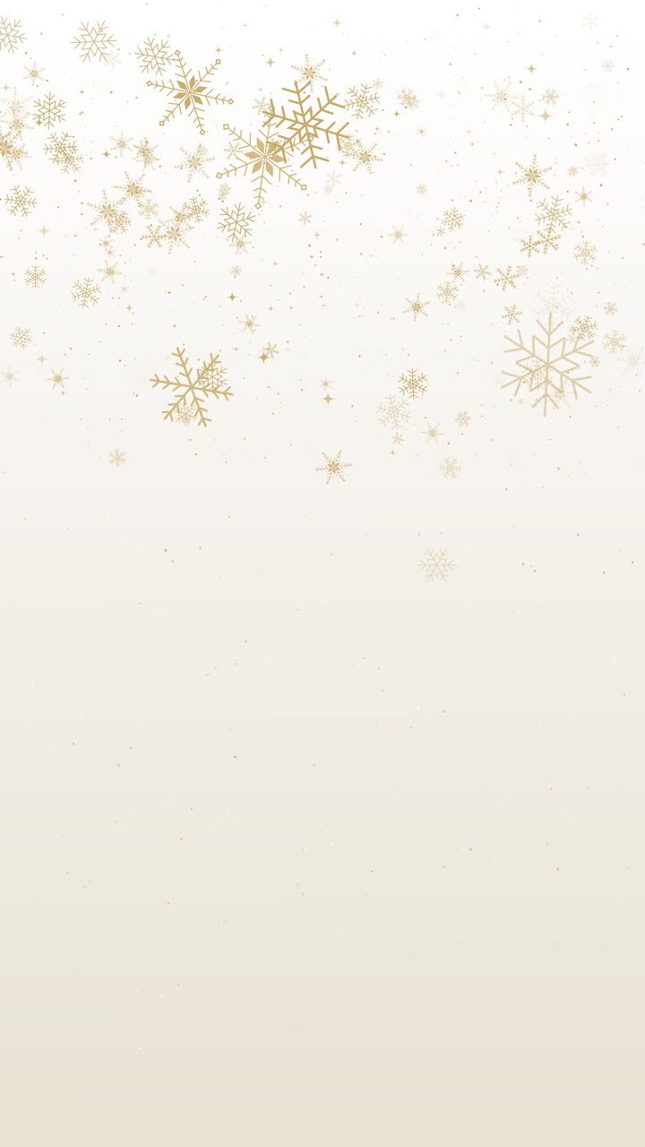 Gold Christmas falling snowflakes background. Winter snow minimal frame decoration on white, greeting card. New Year Holidays loop animation. Vertical video.