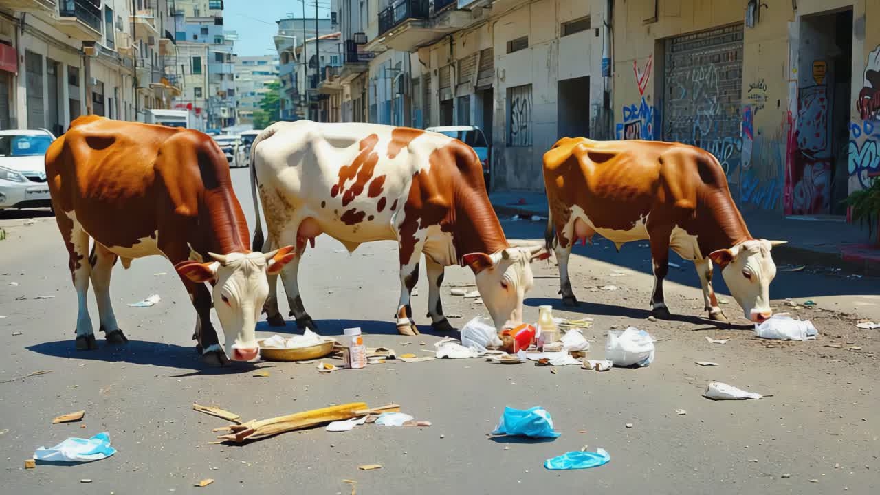 Cows Eating Trash in Urban Street