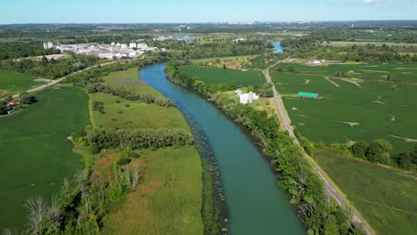 Aerial-view-long-winding-snaking-river-in-countryside