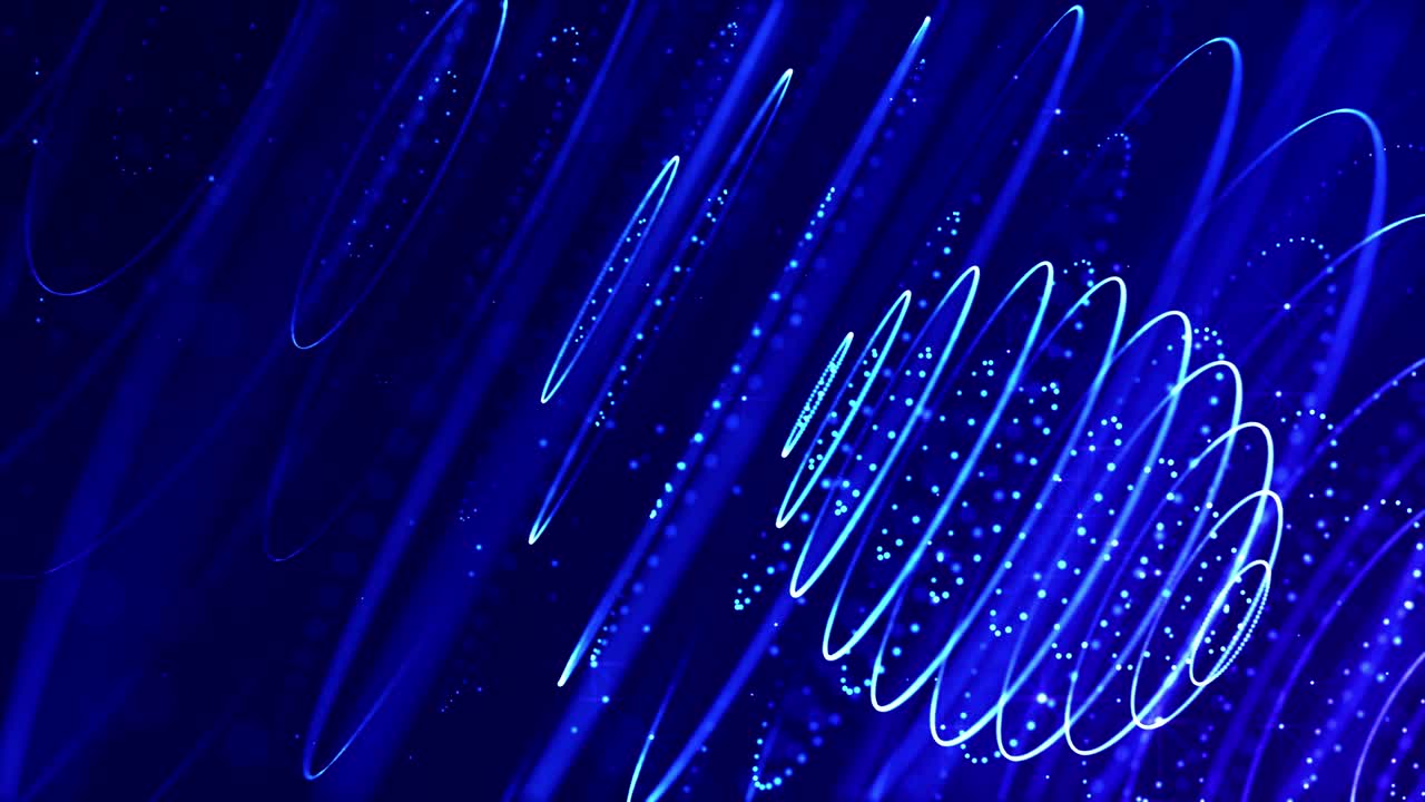 4k 루프 sf 미세 세계 또는 공간의 배경은 보케와 빛 효과로 빛나는 파란색 입자가 선, 표면, 복잡한 둥근 구조를 부드러운 움직임으로 형성합니다.