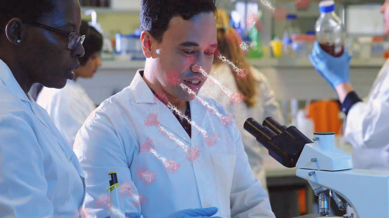 Scientists in lab coats working with DNA strand animation overlay