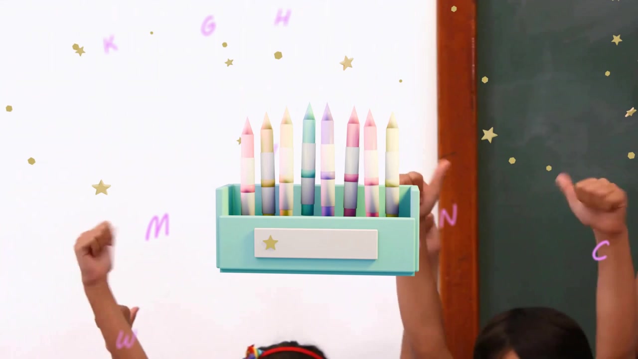 Başparmak kaldıran çocuklar, turkuaz bir kutunun yükselip pastel boya kalemleriyle dolmasına neden oluyor, yıldızlar kutluyor