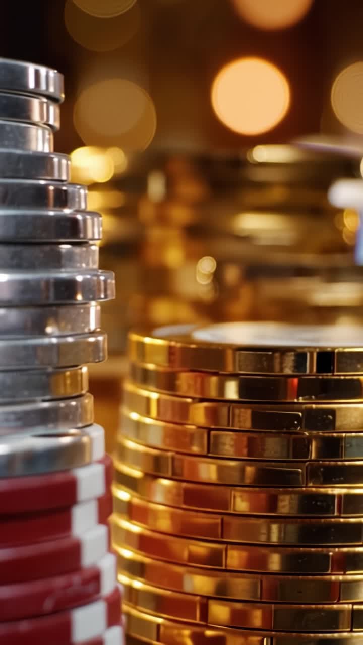 Stacks of Poker Chips in Varying Colors Shine Under Soft Lighting at a Gaming Table, Highlighting a Moment of Anticipation and Strategy in a Casino Setting