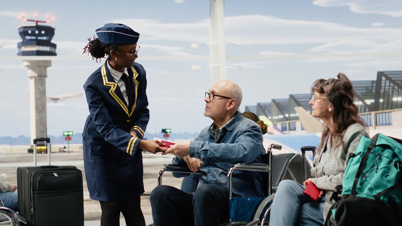 Flight attendant assisting elderly man in wheelchair and wife with ticket control