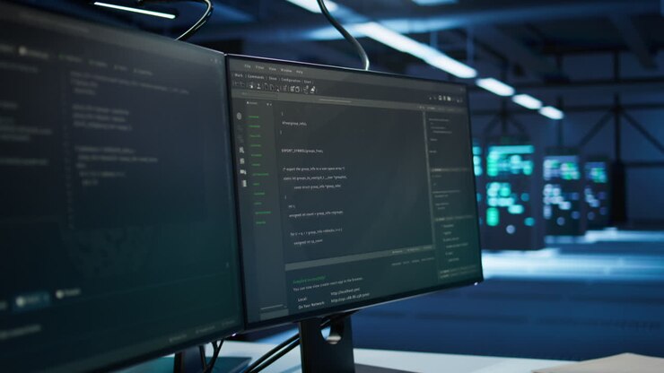 Close up of PCs used by futuristic server hub workplace admins