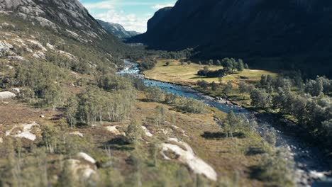 Aerial-view-of-the-river-flowing-through-the-wide-rocky-valley