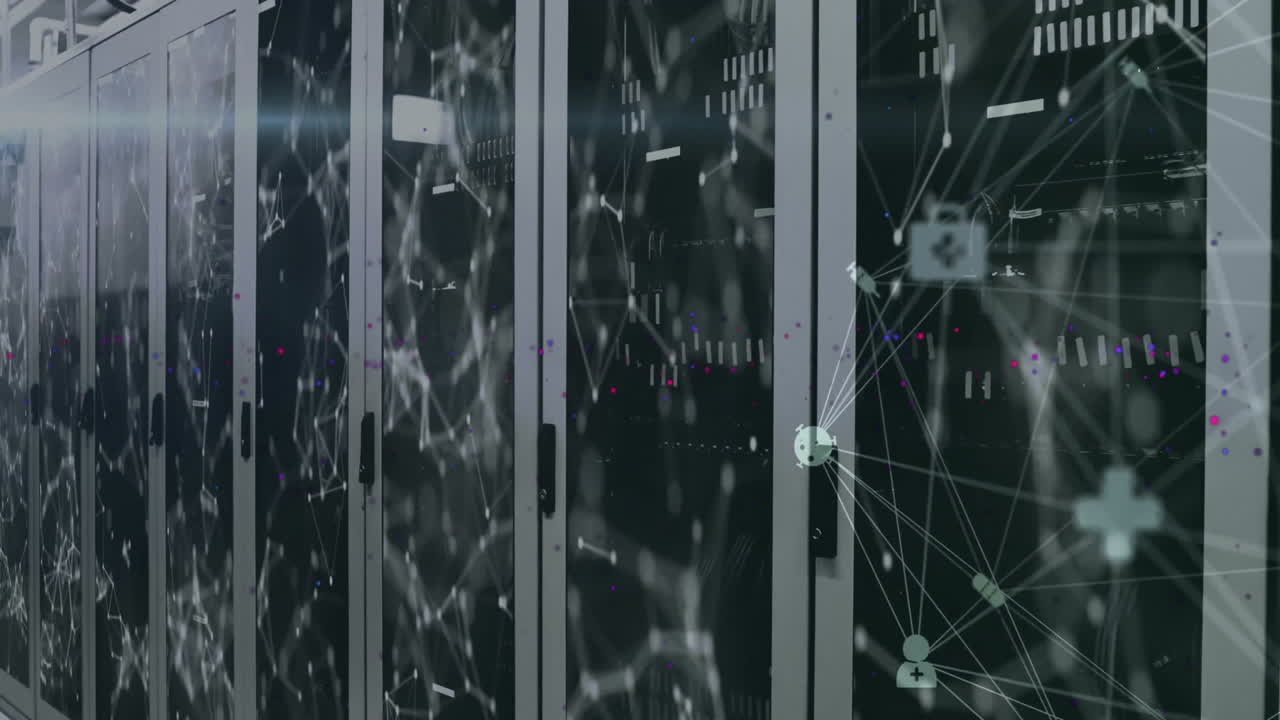 Animation of network of connections with data processing over server room