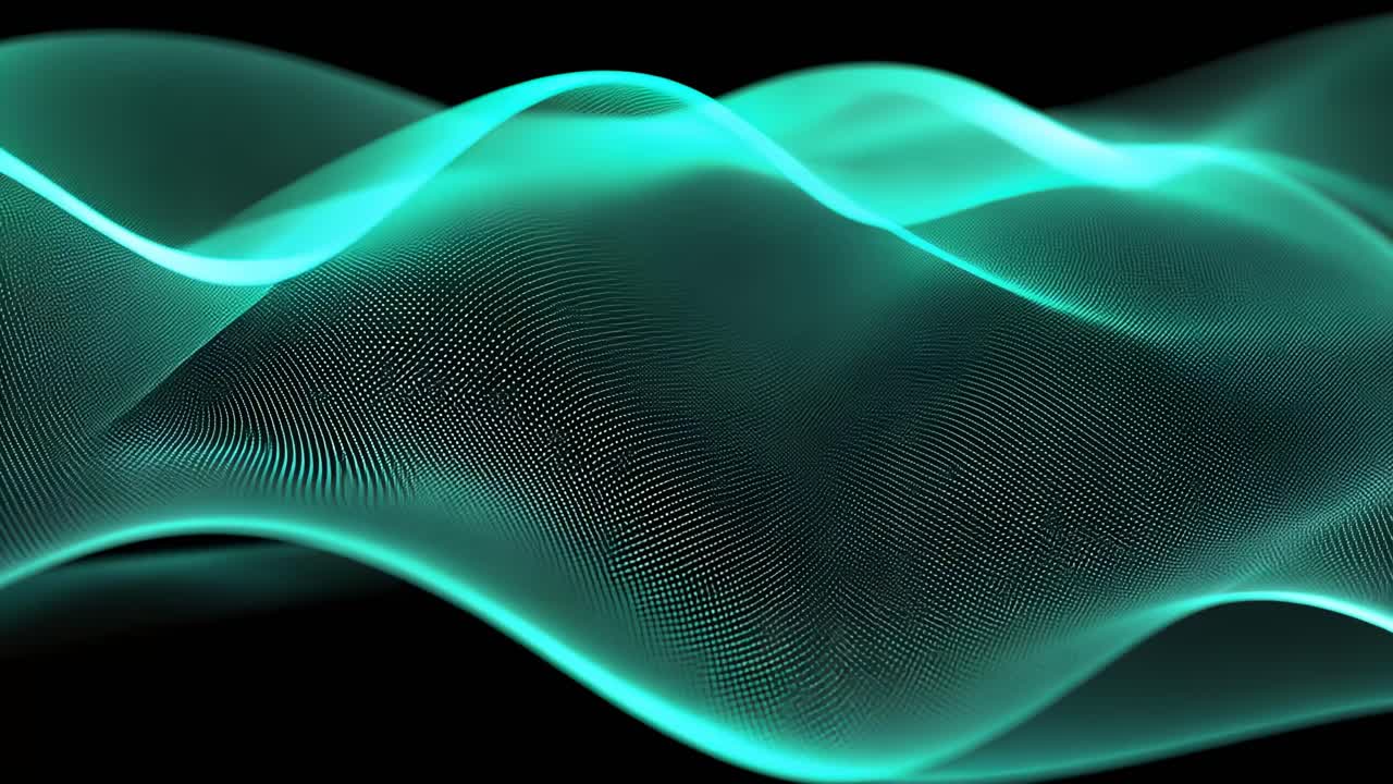Abstract video of flowing turquoise waves on a black background, captured from a low-angle