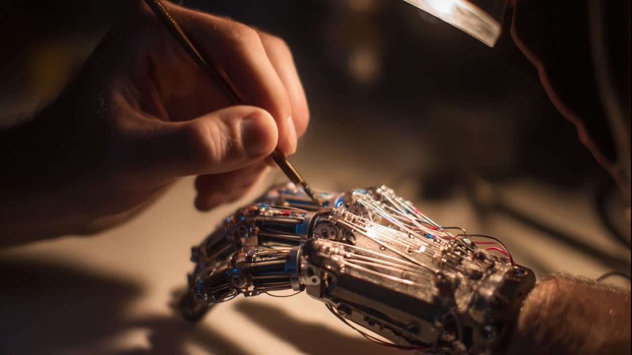 In a captivating moment of innovation, a skilled technician meticulously refines the intricate circuitry and mechanisms of a sophisticated robotic hand, combining artistry and technology in an inspiring design process