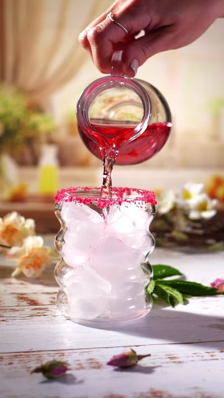 In slow-motion, a female hand pours vibrant pink fruit tea from a glass carafe into a sugar-rimmed bubble-shaped glass overflowing with ice cubes, set on a whitewashed wooden table with dried blossoms