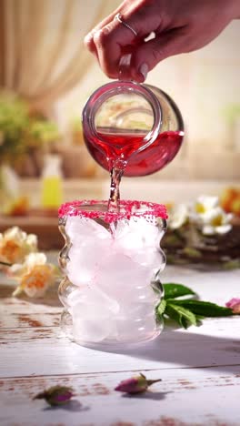 in slow-motion, a female hand pours vibrant pink fruit tea from a glass carafe into a sugar-rimmed bubble-shaped glass overflowing with ice cubes, set on a whitewashed wooden table with dried blossoms