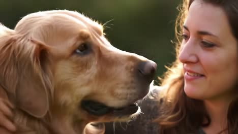 heartwarming bond between a woman and her golden retriever: a touching moment captured in nature's glow