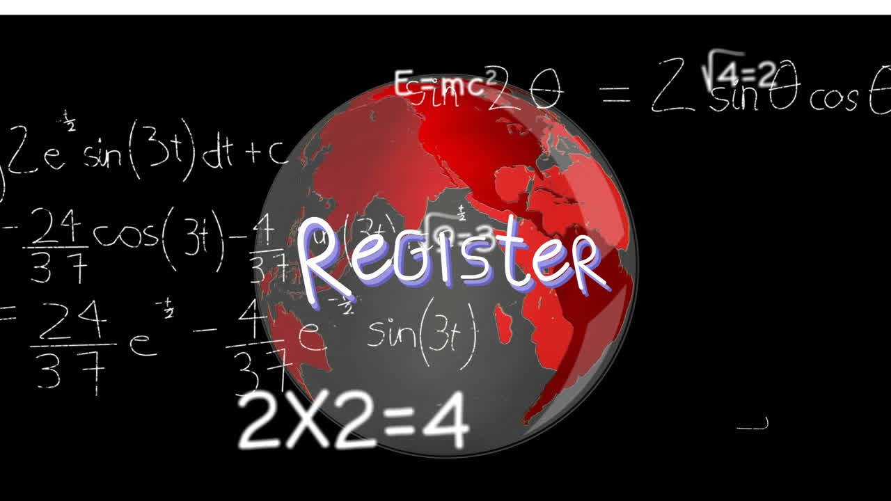 Animation of register over black background with math formulas and globe