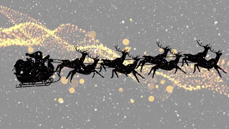 Snow-falling-over-silhouette-of-santa-claus-in-sleigh-being-pulled-by-reindeers-against-digital-wave