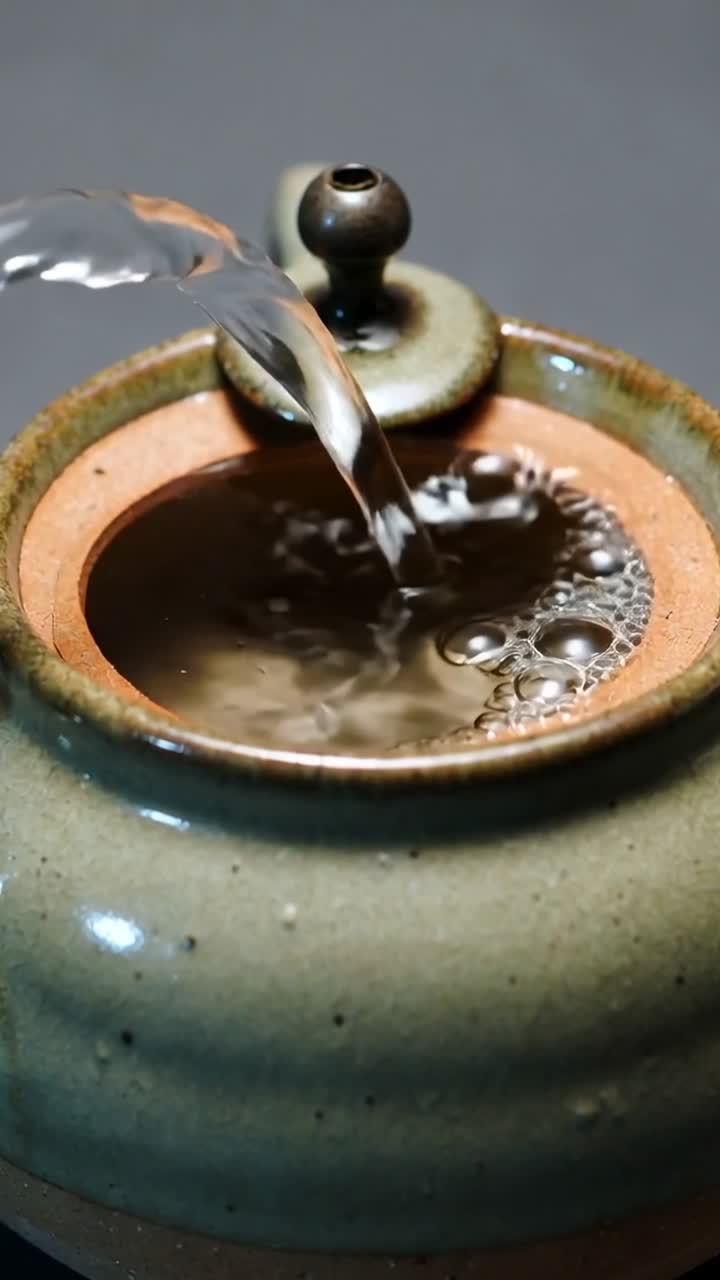 Vertical video: Pouring stream from spout striking pot terracotta rim on table bubbling to fill pot