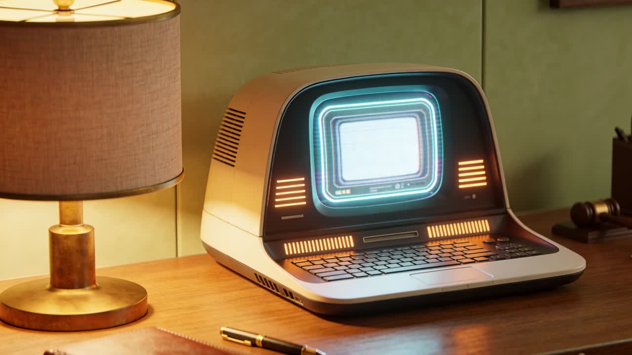 Retro terminal booting, powering display rings and side bars, illuminating keyboard for tech demo
