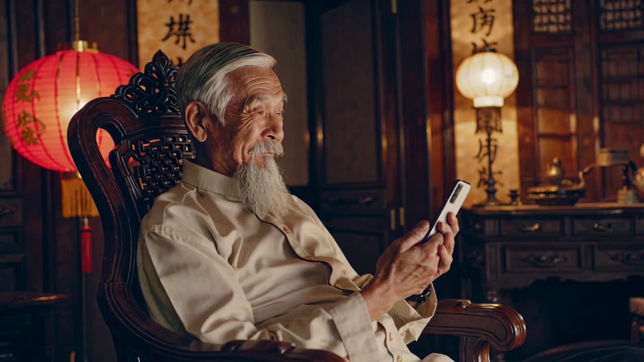 中国の伝統家屋でスマートフォンを使う高齢の中国人男性
