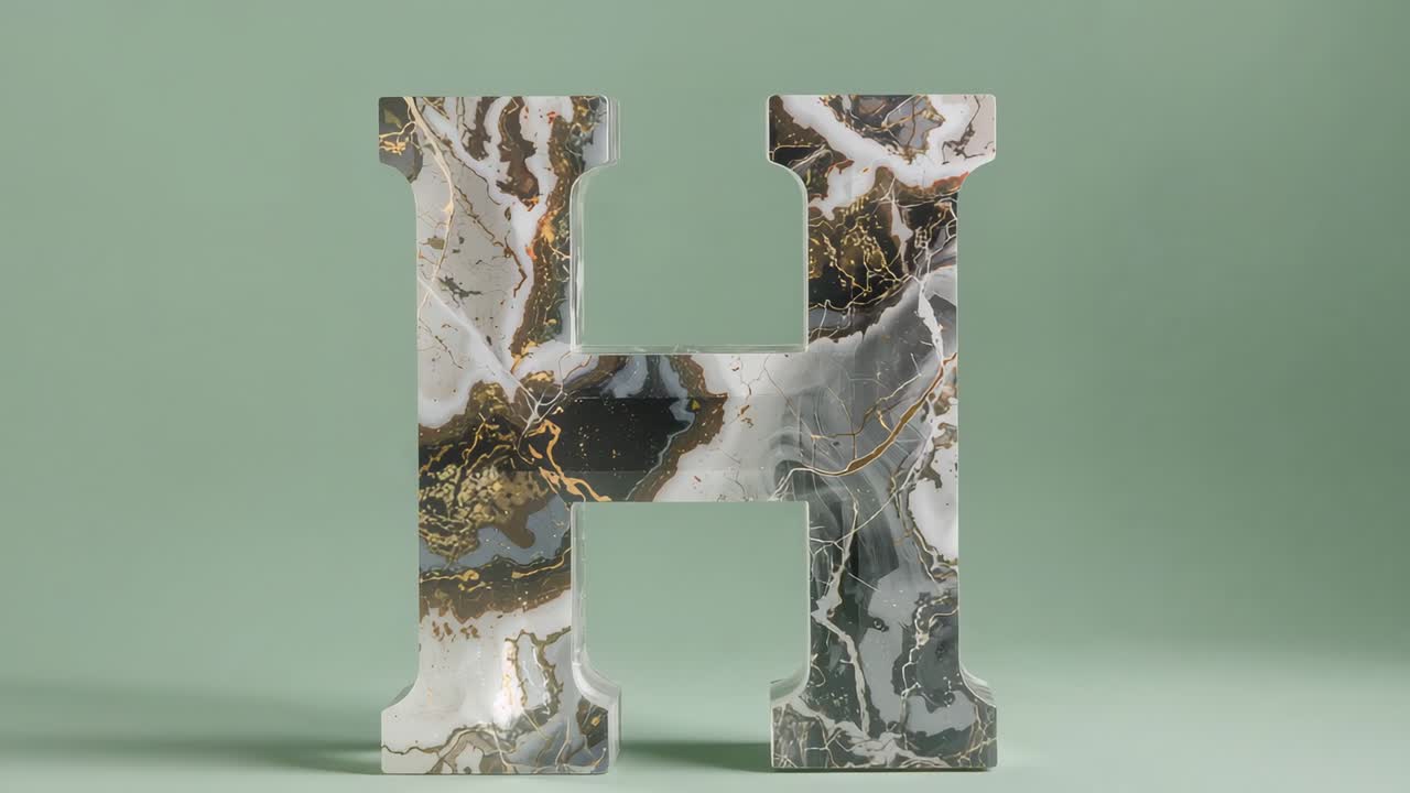 Rotating marble letter H on pastel green surface from first frame, white gray black gold veining