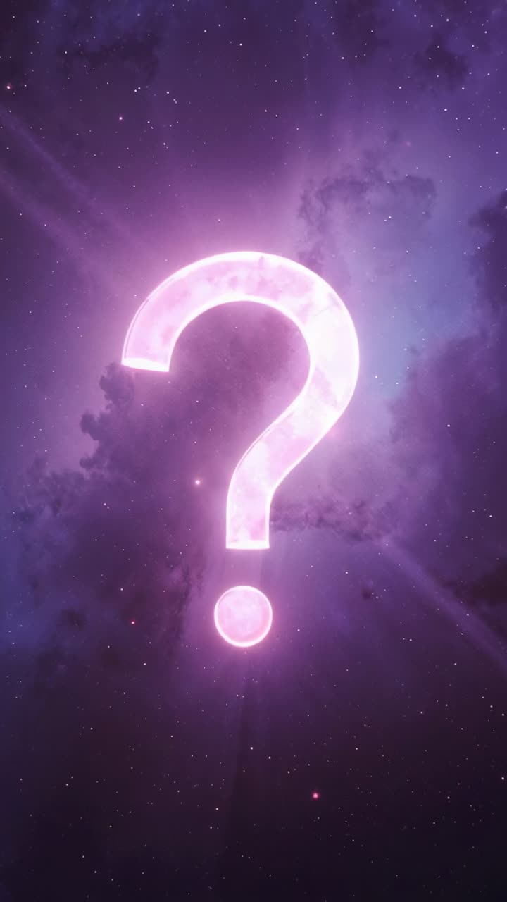 Vertical video: Opening revealing neon question mark staying centered over cosmic nebula with dot